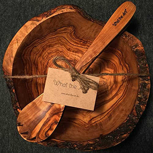 What the Art!® Olive Wood «Rucola» Gr. L | Olivenholz Salatschüssel inkl. Salatbesteck | Handarbeit | ca. Ø 23-25 x ↑ 9-13 cm | Schüssel - Schale - Obstschale - Servierschale - Dekoschüssel