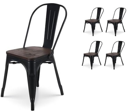 Kosmi - Satz von 4 Stühlen in Schwarz und Holz im Industrial Style Factory aus mattschwarzem Metall und Sitzfläche aus dunklem Holz