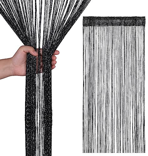 Trimming Shop Glitter String Curtains Fly Screen Room Divider Fringe Panel Spaghetti Tassel Curtain For Doorway, Windows, Doors, Home Décor, Event Decoration, 200cm x 90cm, Black