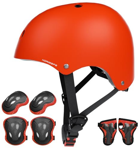 KORIMEFA Casque Vélo Enfant Set de Protection Roller pour Enfants Filles Garçons 3-13 Ans Casque Réglable Coudières Genouillère Protège-Poignets Protection Trottinette Skateboard (Red, M)