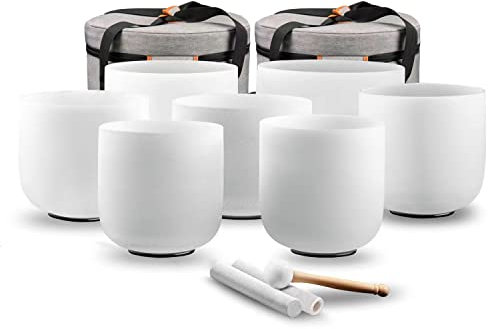 RYAN DVAN 432Hz 7-12 inch Crystal Singing Bowl Set of 7 with Free Carrying Case, Frosted Quartz Sound Bowls for Chakra Healing, Meditation,Yoga,Sound Therapy,Mindfulness,Relaxation & Stress Relief