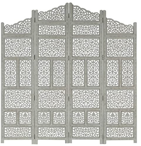 vidaXL Mangoholz Massiv Raumteiler 4-TLG. Handgeschnitzt Klappbar Trennwand Paravent Umkleide Sichtschutz Spanische Wand Grau 160x165cm