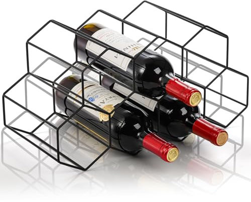 AVLA Weinregal aus Metall, 9 Flaschen Weinhalter für die Weinaufbewahrung, freistehend, modern, klein, Weinflaschenaufbewahrung, geometrisches Design, Weinregal, Barschrank, Schwarz