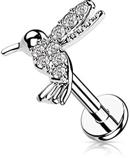BlackAmazement 316L Edelstahl Labret Monroe Tragus Helix Ohrstecker Kolibri Vogel 6mm 8mm Zirkonia CZ rose gold silber Damen (Farbe Silber - Stablänge 6mm)