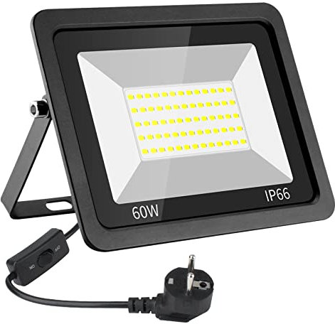Eleganted Proyector LED 60W, Superhell 10000LM Reflector Con Enchufe 6500K Frío Blanco, IP66 Impermeable Para Hof, Garage, Sportplace