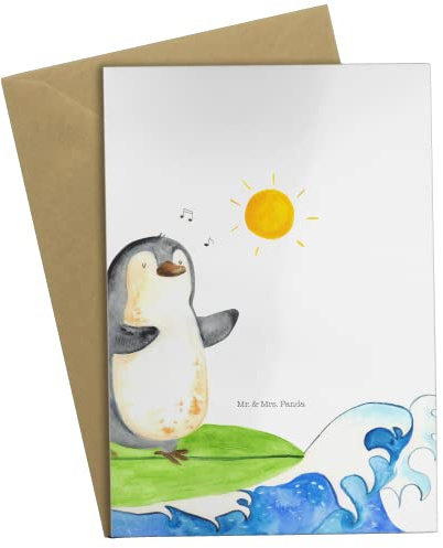 Mr. & Mrs. Panda Grußkarte Pinguin Surfer - Geschenk, Urlaub, Grußkarten, Hawaii, Portugal, Motiviert, Klappkarte, weihnachtskarten, neujahrskarte, einladungskarten, hochzeitskarten, Optimistisch