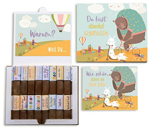 Schokoladenseite Aufkleber-Set & Banderole für Merci Schokolade mit vorgedruckten Aufklebern I Persönliches Geschenk für Papa, Opa, Onkel, Freunde, Familie| ohne Schokolade | Inkl. 2 Karten (Bär)