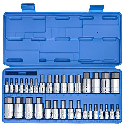 NEIKO 10388A Master Allen Hex Bit Socket Set, 33 Piece SAE and Metric Allen Socket Set, Allen Head Hex Key Socket Set Made with S2 Steel, Allen Hex Bit Set, Standard 5/64” – 3/4” & Metric 2mm – 19mm