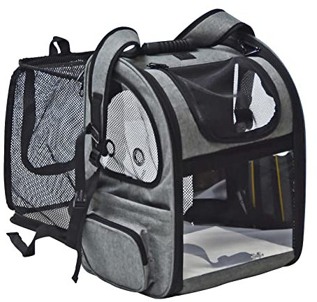 Fudajo Ausziehbarer Haustier Rucksack 27x35,5x41,5 cm bis 6kg, Hunderucksack, Katzenrucksack mit Netz und Fenstern, Schwarz und Grau