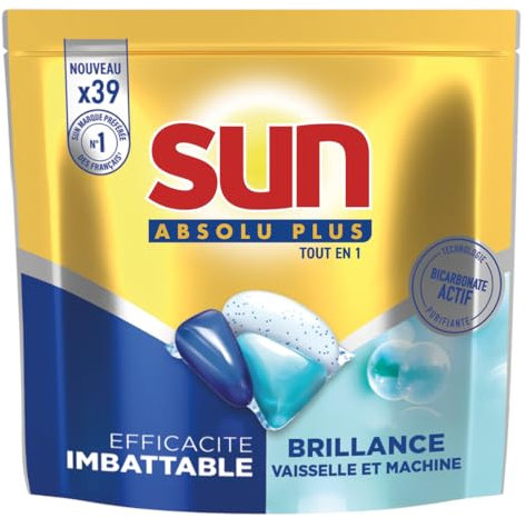 SUN - Absolu Plus Pastilles Lave-Vaisselle Tout en 1 Bicarbonate Actif - 39 Capsules - brillance - tablettes imbattables sur les taches tenaces