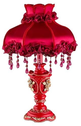 kaixunl Antike viktorianische Lampe mit Fransen und Spitze, rot, Vintage-Tischlampe aus Stoff mit Schirm, europäische pastorale Nachttischlampe in Vasenform für Schlafzimmer und Wohnzimmer