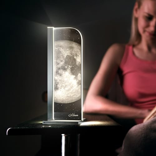 Luverre Tischlampe | LED-Leuchte | Glas-Leuchte mit Gravur für Nachttisch, Kommode, Wohnzimmer | Weltraum, Raumfahrt, Planet (Mond, Rechteck | silber)