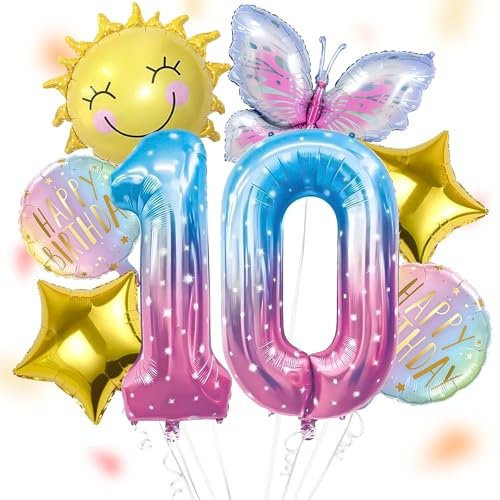 Sonne Schmetterlinge Luftballon 10 Jahre Mädchen, Schmetterling Geburtstagsdeko Mädchen 10 Jahre, Schmetterling Deko 10. Geburtstag Folienballon, Kindergeburtstag Deko für Schmetterling Themen Party
