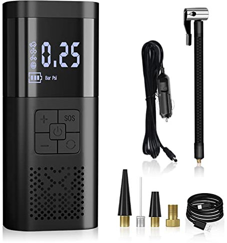 YIWEOG Bomba de aire eléctrica con batería de 6000 mAh Compresor de aire inalámbrico de 150 PSI para automóvil con pantalla LCD digital Mini bomba de neumáticos con luz LED para bicicletas, motociclet