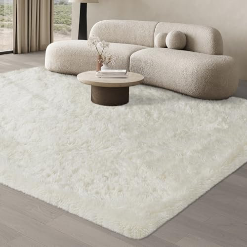 JOJOSEE Hochflor Teppich Wohnzimmer, 200 x 300 cm Anti-Rutsch Wohnzimmerteppich, Waschbarer Flauschiger Teppich für Schlafzimmer & Kinderzimmer, Creme