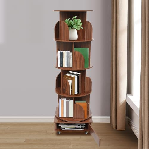 Hanmorfarbi 360° Drehbares BüCherregal, 4-Stufiges BüCherregal + 1-Stufige Kommode Bodenregale, Wohnzimmer Student Illustrierte Buchaufbewahrung, Schlafzimmer Mehrstufiges BüCherregal. (Nuss-braun)