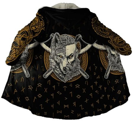 3D Print The Viking Compass Jacket Bathrobe, Winter Warm Fleece Parka Coat, Casual Harajuku Celtic Wolf Nordic Clothing(Axe,3XL)