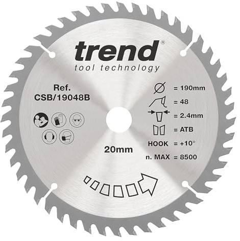 Trend Wood Circular Saw Blade, 190mm Diameter, 20mm Bore, 48 Teeth, 2.4mm Kerf, +10° Hook, TCT, Fine Finish, CSB/19048B