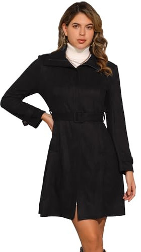 Allegra K Damen Mantel Aus Wildlederimitat, Mit Langem Reißverschluss Und Gürtel Schwarz L