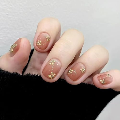24pcs Short Press on Nails Square False Nails Brown Red Ombre Fake Nails Glitter Gold Flower Butterfly Stick on Nails Removable Glue-on Acrylic Nail Tips Spring Summer Accessories for Women