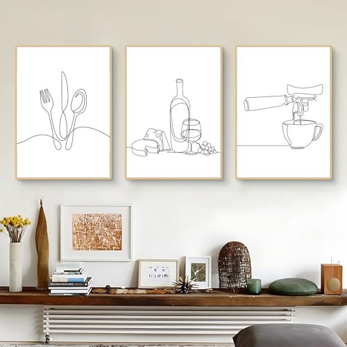 3er Set Poster Küche Bilder Schwarz Weiss Wandbilder Premium Moderne Abstrakt Kunst Bilder Küche Deko Leinwand Kunstdruck Bild Küchebilder ohne Rahmen (40×50 cm)