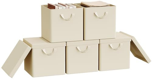 WOLTU Fabric Storage Boxes Set of 5, Folding Baskets with Lids, Handles, Metal Frame, Wardrobe Toy Organisers for Living Room, Bedroom, Office, Cream, 30x30x29cm