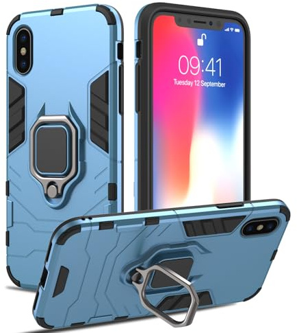 RIIMUHIR Hülle für iPhone X, Panzerhülle mit 360° Metall Ring Ständer, Kratzfestes Stoßfest Hart Handyhülle, Armor Hülle mit Kameraschutz (Blau)