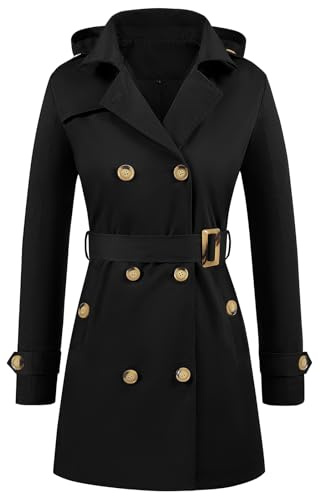 Tuopuda Damen Trenchcoat Jacke Wasserabweisender Langer Mantel Winddichter Wintermantel Windjacke Übergangsmantel Revers Damenmantel mit Abnehmbare Kapuze(Schwarz,XL)