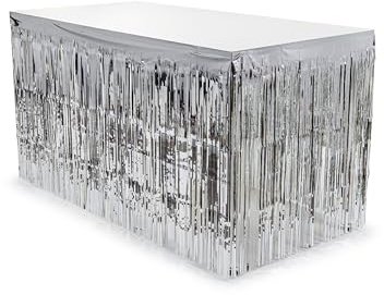 PartyDeco Lametta Tischrock 300x80cm - glänzende Tischumrandung mit Fransen - Silberne Tischverkleidung - Festliche Tischdeko & Party Glitzer Deko - Silber