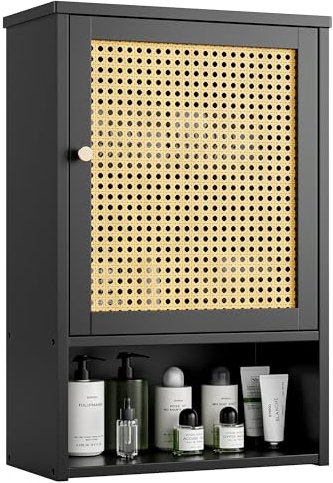 vovala Armoire Murale de Salle de Bain en Bambou avec Portes en rotin et étagère réglable, Armoire à Pharmacie économiseur d'espace pour Linge, Cuisine, Salon (Noir)