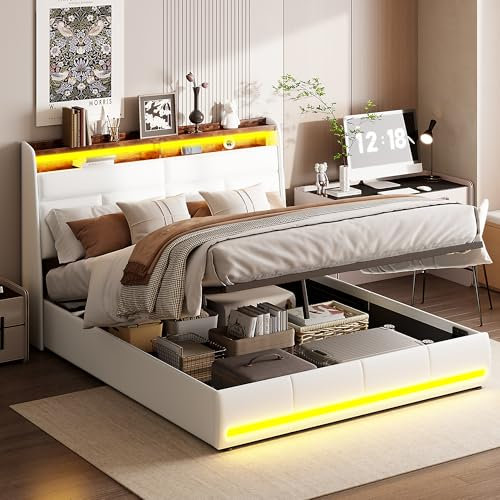 Polsterbett Doppelbett 140x200 cm, Kopfteil mit LED und USB Ladestation, Modern Stauraumbett Bett mit Hydraulische Metallrahmen und Lattenrost, Jugendbett Bettgestell, Weiß, PU, Ohne Matratze