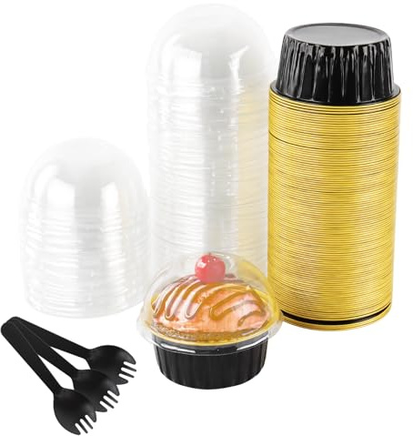 PINGEUI 100 Pcs Mini Cake Tins with Lids and Spoons, 125ml Aluminum Foil Baking Pans, Round Cupcake Cases Cake Containers for Bread Cakes Wedding Birthday Picnic (Black Gold)