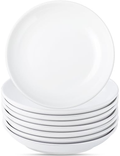 Kinmsito 8 Stück Keramik-Vorspeisentellers, 6 Zoll große weiße Dessertteller, kleiner Essteller aus Porzellan, leichter runder Teller für Brot, Butter, Snacks, mikrowellen- und spülmaschinenfest