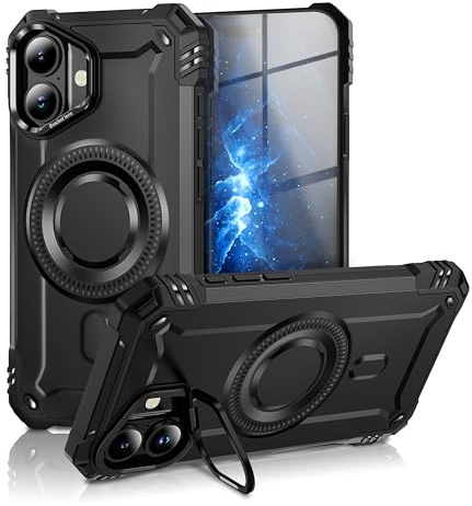 NALIA Magnetische Panzerhülle für iPhone 17 - Hülle, Vulkanschwarz | Massiver Metallrahmen um die Linsen, Texturierte Griffseiten, Federnder Hybrid-Kern, Direkte Druckpunkte, GRANITE