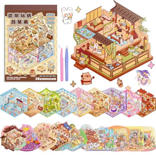 ASTARON 20 Sets DIY 3D Sticker Szenenbuch Stickertherapie für Erwachsene, Gestalte dein eigenes gemütliches Mini-Ladenhaus Zimmeraufkleber Niedliche Cartoon-Miniaturaufkleber für Mädchen