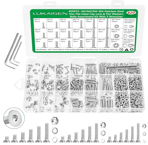 Lukaisen M2 M3 M4 Screws Set, 820PCS Stainless Steel Flat Head Bolts Kit | With Lock & Flat Washer & Nuts & Wrench Kit, For 3D Printing,DIY, Furniture, Storage Box with Double-Sided Size Labeling