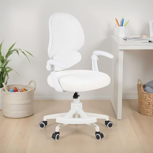 IDIMEX Schreibtischstuhl ISLA mit Fußstütze, Weiß – ergonomischer Schreibtischstuhl für Kinder und Jugendliche, höhenverstellbar, drehbar mit Lendenstütze, atmungsaktiver Netzrücken, Armlehnen