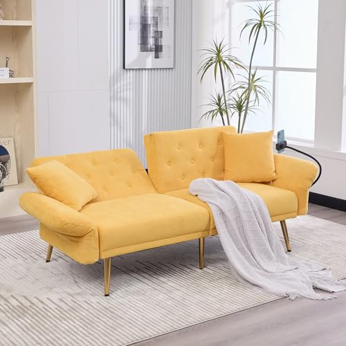 ZIDEY Schlafsofa 2-Sitzer, Sofa mit Verstellbarer Rückenlehne&USB-Anschlüsse&Handyhalter&Seitentasche & 2 Kissen, Bettsofa, Klappsofa Für Wohnzimmer & Schlafzimmer, Gelb