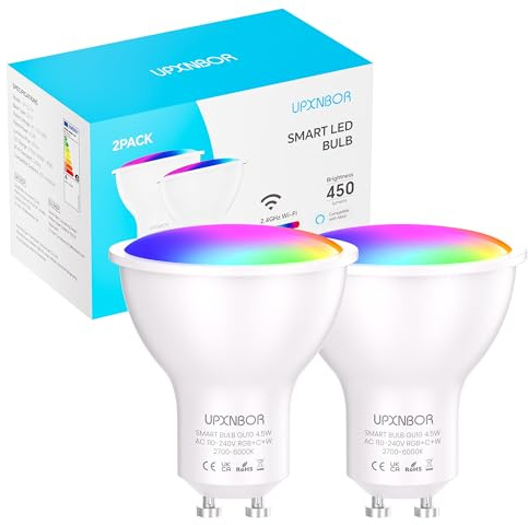 UPXNBOR Smarte Glühbirne GU10 LED RGBWW WLAN Lampe, 4.5W, 2 Stück | Kompatibel mit Alexa & Google Assistant, 16 Mio. Farben, 1–100 % dimmbar, 450 lm, 2,4 GHz WLAN