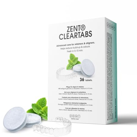 ZENT Pastiglie Apparecchi Ortodontici - Pasticche Apparecchi e Bite per Pulizia Bite Dentale retainer e protesi, Compatibili con Pulitore Ultrasuoni, Aroma Menta - 36 Pezzi 1 Mese