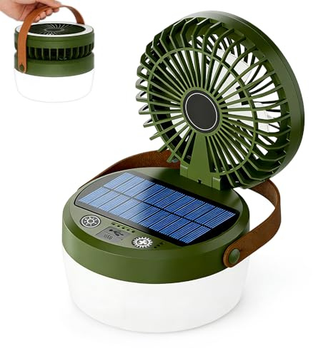LED Campinglampe Solar, Tragbarer Camping Ventilator mit 4 Leuchtmodi | 3 Windgeschwindigkeiten, Campinglampe Akku Aufladbar für Außenaktivität, Wandern, Zeltlampe, Umgebungslicht, Notfall