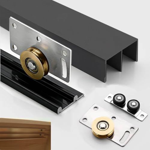 Binario per Porta Scorrevole Kit di Binari Scorrevoli a Doppio Scorrimento per 2 Ante, Set di Binari per Ante di Armadi a Muro, Guida per Ante Scorrevoli da Cucina Tipo Fienile(Black,78cm/30.7in)
