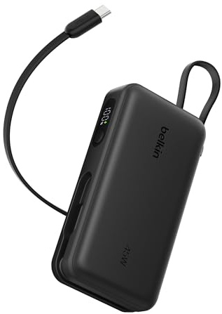 Belkin UltraCharge 10000mAh Power Bank, USB-C-Kabel und Anzeige – Schwarz | 10K Powerbank, bis zu 3 Geräte Laden (1 USB-C-Port + Kabel, 1 USB-A-Port), 45W, Geeignet für Flugreisen, Bereits Aufgeladen