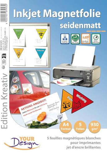 Your Design Magnetdruck: 5 Inkjet-Magnetfolien A4 matt/weiß (Magnetpapier, Magnetplatten A4, Druckerpapier)