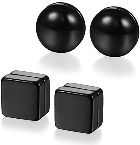 JewelryWe Schmuck 2 Paare Herren Damen Ohrringe, 8MM Quadrat Rund Magnet Fake-Plugs Fake-Piercing Ohrstecker Tunnel Plug Ohne Loch Magnetisch Ohr-Clips, Edelstahl, Schwarz