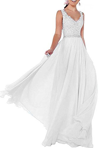 Beyonddress Damen Chiffon Abendkleider Lang Hochzeit V-Ausschnitt Brautkleid Ballkleider Brautjungfern Kleider(Weiß,46)