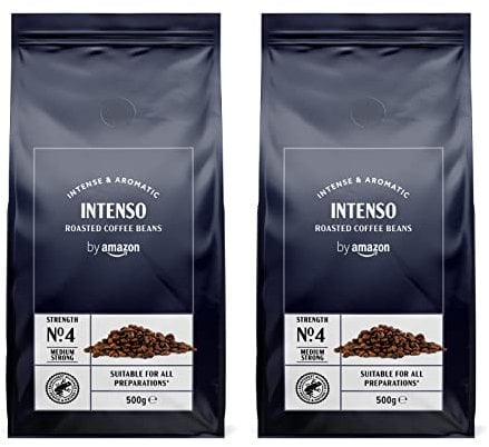 by Amazon - Café en grano natural Caffè Intenso, tueste claro, Cafeinado, 500g, (Paquete de 2), certificado Rainforest Alliance