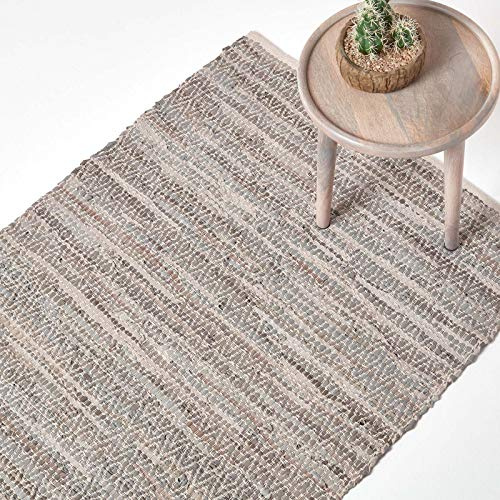 HOMESCAPES Grey Genuine Leather Rug Handwoven Diamond Design Recycled Eco Friendly Real Leather Rug, 150 x 240 cm