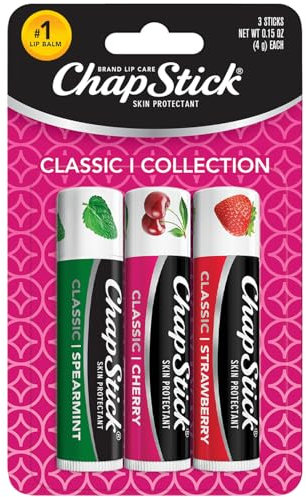 ChapStick Classic Variety (1 Carded Pack of 3 Sticks) Cherry, Spearmint, and Strawberry Flavors, Skin Protectant Flavored Lip Balm Tube, 0.15 Ounce Each