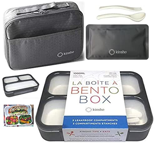 Bento Lunch Box with Bag and Ice Pack Set | 3 Leakproof Compartment Meal Boxes and Insulated Matching Bags for Work or School | Containers for Adults Kids Teens | Grey Black Large Kit